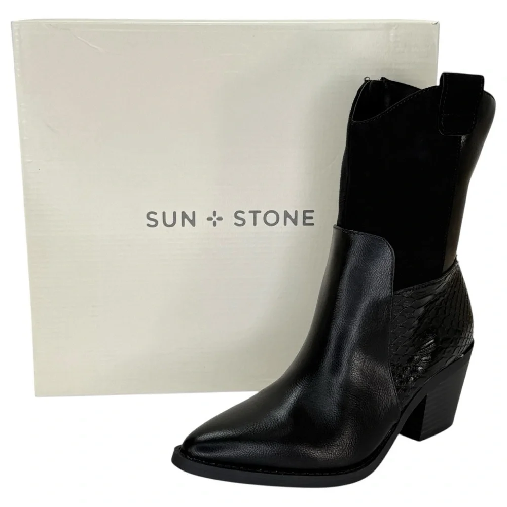 Sun + Stone Biancaa Black Faux Leather Western Womens Ankle Boots Size 6M - Picture 13 of 13